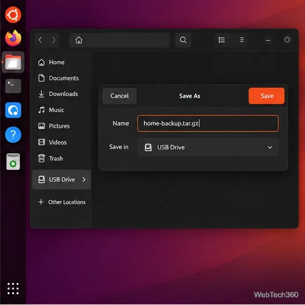 Ubuntu Files Save As dialog with a compressed Home-folder archive selected for an external USB drive