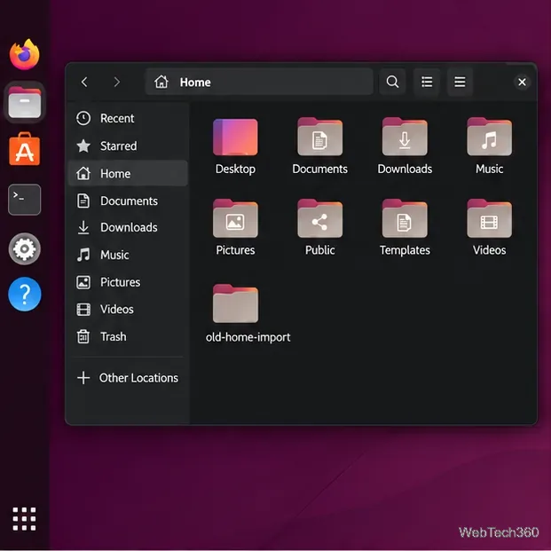 Ubuntu Files shows a new Home folder with an old-home-import staging folder alongside the new user's standard folders