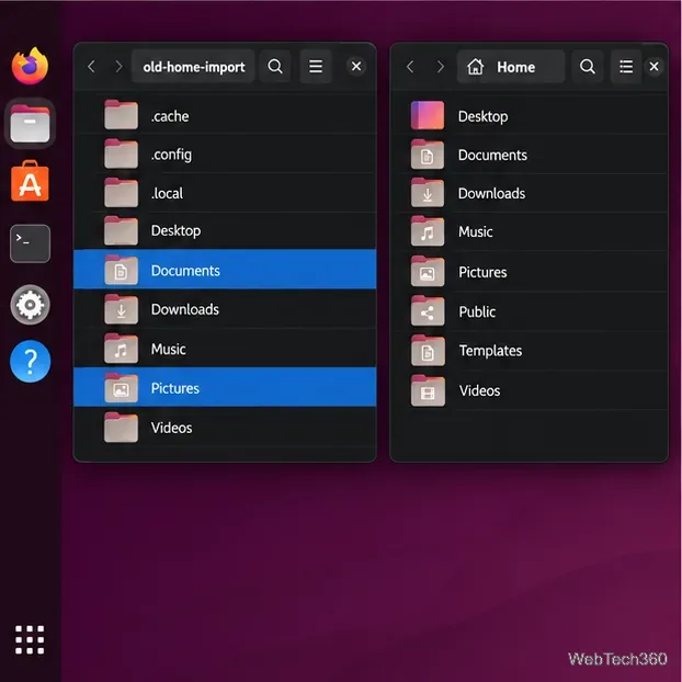 Two Ubuntu Files windows show Documents and Pictures selected in the staging folder beside the new Home folder