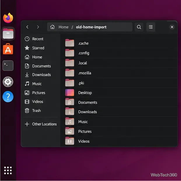 Ubuntu Files lists ordinary folders and hidden configuration folders inside old-home-import