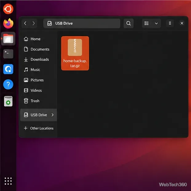 Ubuntu Files shows the completed Home-folder tar.gz archive selected on the external drive