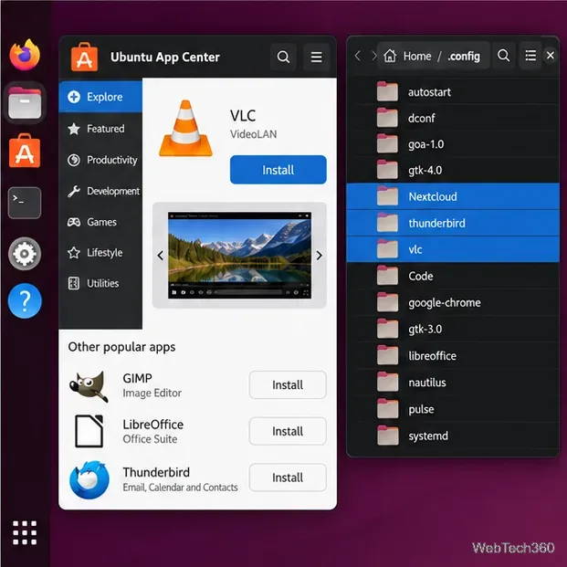 Ubuntu App Center is open beside selected per-application folders in the hidden .config directory