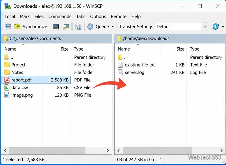 WinSCPのデュアルペインインターフェースを使用して、WindowsのドキュメントフォルダからLinuxのダウンロードフォルダにreport.pdfをコピーする