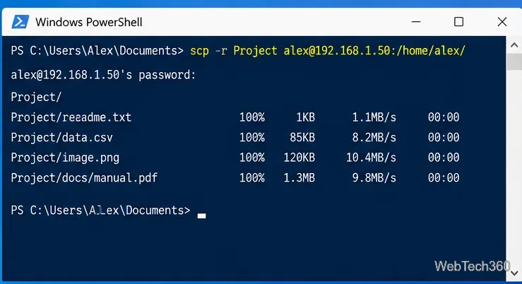 PowerShellでscp -rコマンドを使用して、WindowsからLinuxにプロジェクトフォルダをコピーする