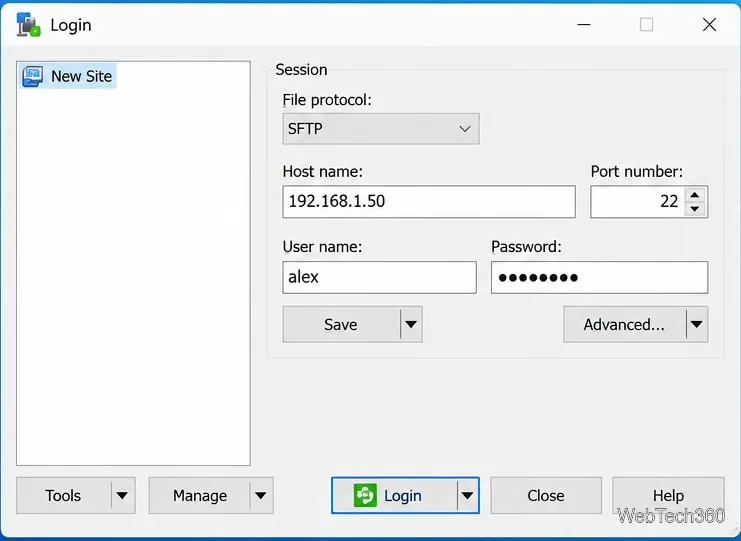 WinSCPのログインウィンドウは、192.168.1.50のLinuxサーバー（ポート22）へのSFTP接続用に設定されている。