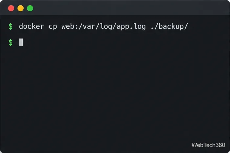 Terminalbefehl zum Abrufen der Datei app.log aus /var/log innerhalb des Webcontainers in ein lokales Sicherungsverzeichnis.