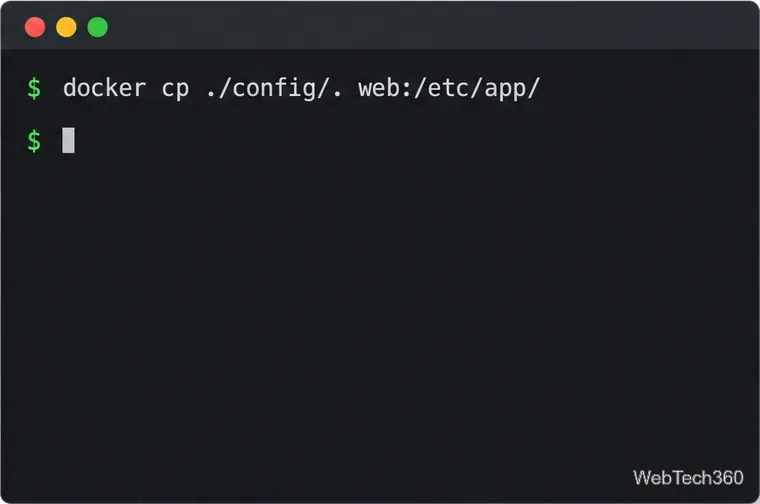 Terminalbefehl zum Kopieren des Inhalts des lokalen Konfigurationsverzeichnisses in das Verzeichnis /etc/app innerhalb des Webcontainers.