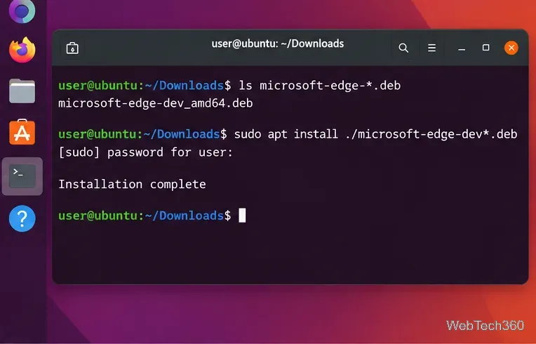 Ubuntu terminal installing a downloaded Microsoft Edge Dev DEB package with apt