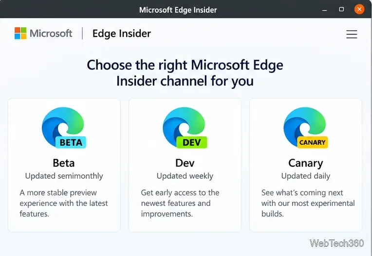 Microsoft Edge Insider page showing Beta, Dev, and Canary preview channels