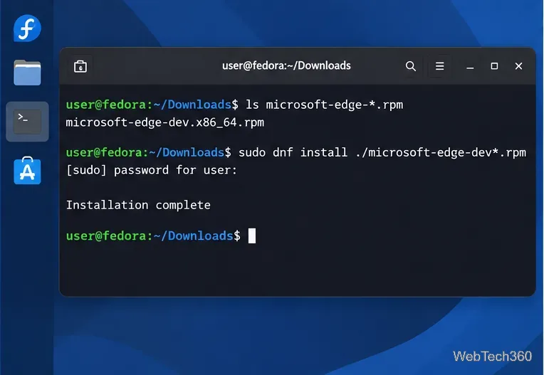 Fedora terminal installing a downloaded Microsoft Edge Dev RPM package with dnf