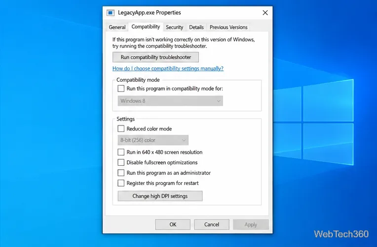 Классическое диалоговое окно «Свойства» Windows 10 с выбранной вкладкой «Совместимость».