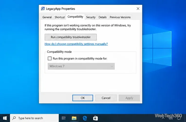 Диалоговое окно «Свойства Windows 10» на вкладке «Совместимость» с неактивным флажком «Режим совместимости» и отключенным списком версий.
