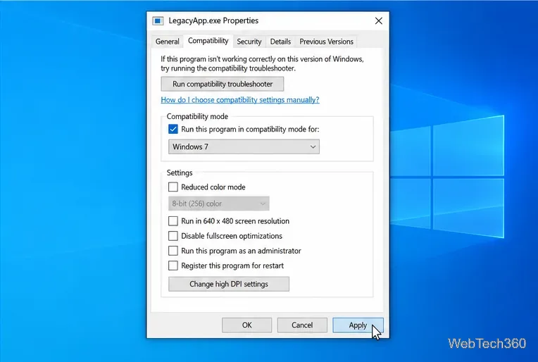 Флажок «Режим совместимости» включен для Windows 7, и кнопка «Применить» отображается.