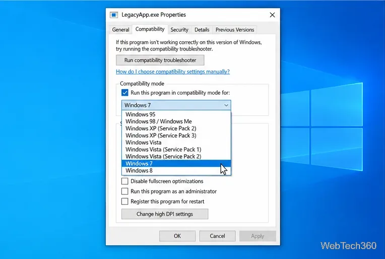 Флажок «Режим совместимости» установлен, открывается список версий Windows, при этом выделена версия Windows 7.