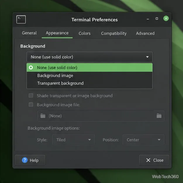Xfce 終端首選項外觀選項卡，在背景選單中選擇「無（使用純色）」。