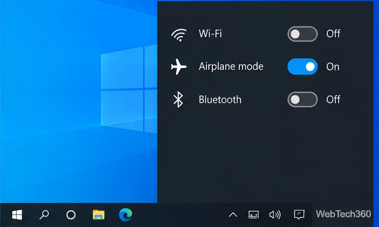 แผงเครือข่ายของ Windows 10 แสดงว่าโหมดเครื่องบินเปิดใช้งานอยู่ระหว่างการควบคุม Wi-Fi และ Bluetooth