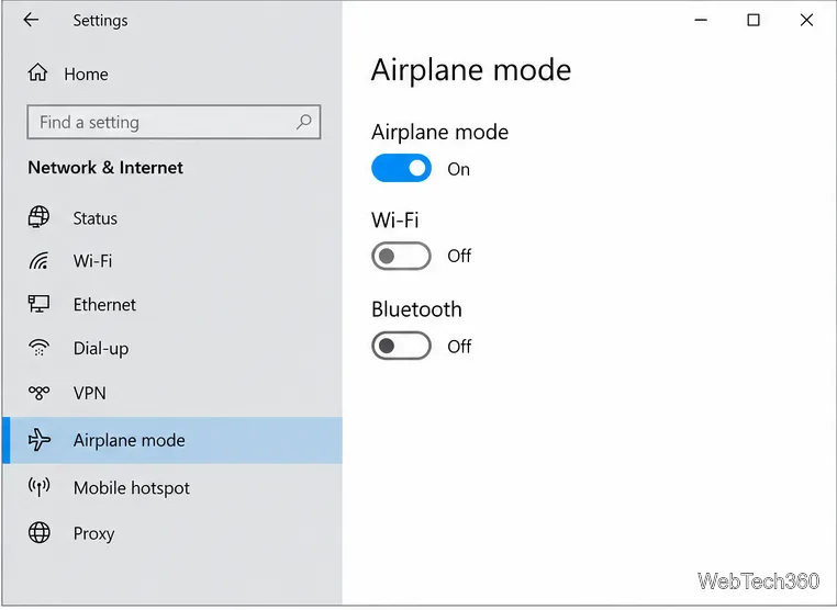 การตั้งค่า Windows 10 ในส่วนเครือข่ายและอินเทอร์เน็ต โหมดเครื่องบิน พร้อมการควบคุม Wi-Fi และ Bluetooth แยกต่างหาก
