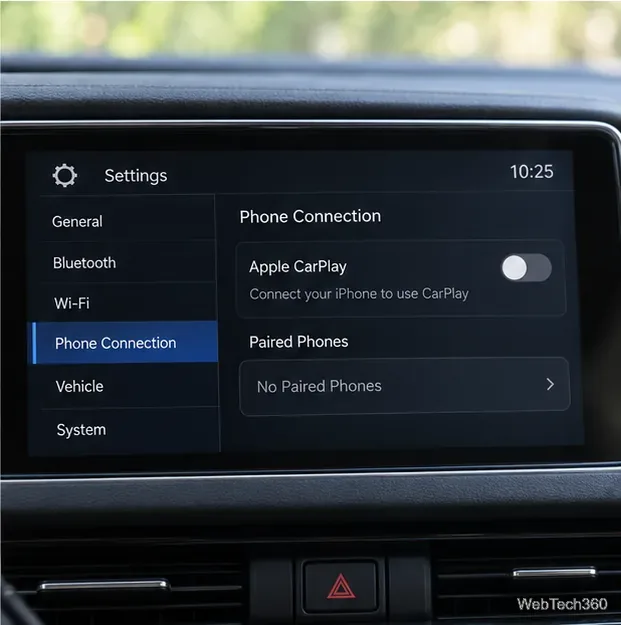 As configurações de conexão do telefone no sistema de infoentretenimento de um carro estacionado mostram o Apple CarPlay desativado e um menu de telefones emparelhados.