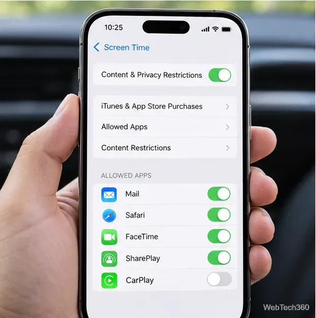 A visualização das restrições do Tempo de Uso do iPhone destaca a lista de aplicativos permitidos com o CarPlay desativado.