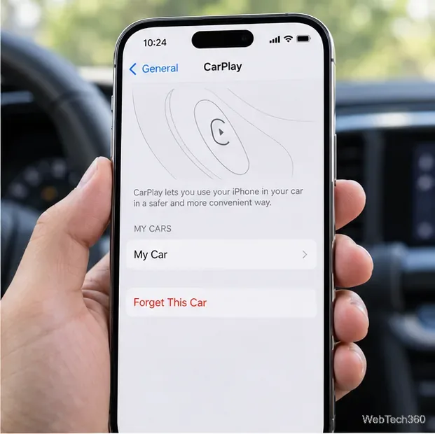 As configurações gerais e do CarPlay do iPhone mostram um veículo salvo e a opção "Esquecer este carro".