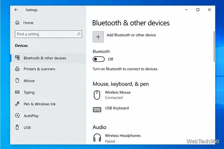หน้าการตั้งค่าบลูทูธและอุปกรณ์อื่นๆ ใน Windows 10 โดยที่สวิตช์บลูทูธปิดอยู่
