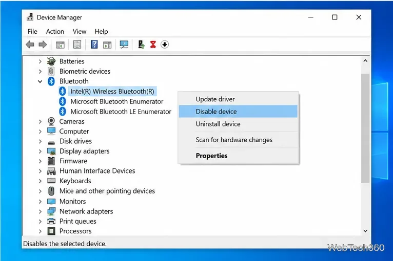 โปรแกรมจัดการอุปกรณ์ของ Windows 10 แสดงอะแดปเตอร์ไร้สาย Bluetooth และคำสั่งปิดใช้งานอุปกรณ์