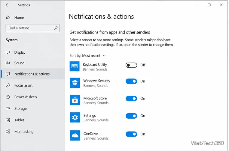 Impostazioni di notifiche e azioni di Windows 10 con le notifiche di Utility Tastiera disattivate
