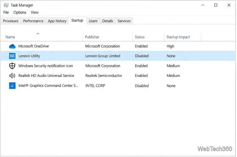 Nella scheda Avvio di Gestione attività di Windows 10, viene visualizzata l'opzione "Utilità Lenovo" selezionata con stato Disabilitato.