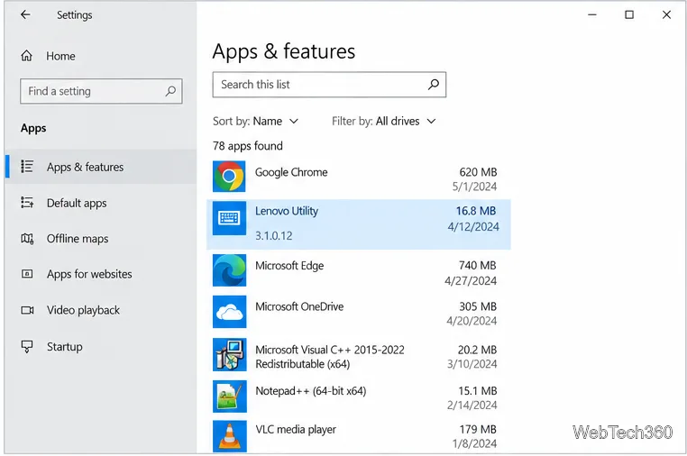 Elenco delle app e delle funzionalità di Windows 10 con Lenovo Utility selezionata tra le app installate