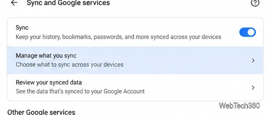 La page « Synchronisation et services Google » met en avant la possibilité de gérer les éléments que vous synchronisez.