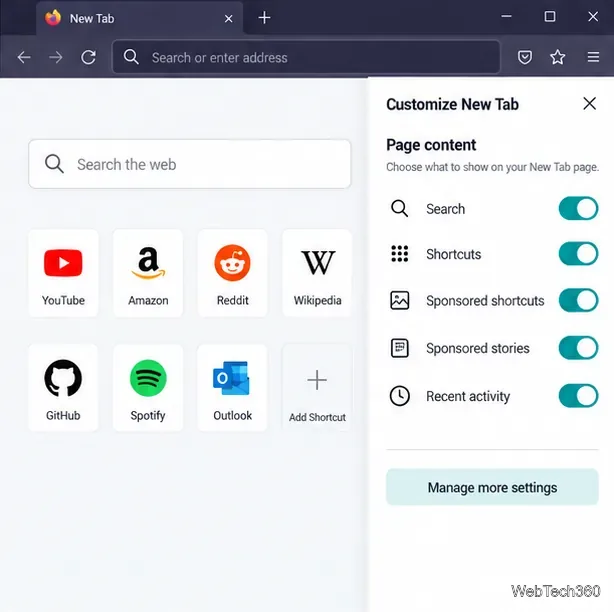 Pannello di personalizzazione della nuova scheda di Firefox che mostra le opzioni per visualizzare il contenuto della pagina e il pannello di controllo "Gestisci altre impostazioni".