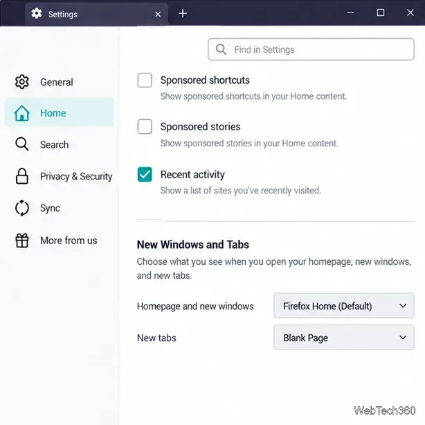 Impostazioni di avvio e della schermata iniziale di Firefox con il menu "Nuova scheda" impostato su "Pagina vuota".