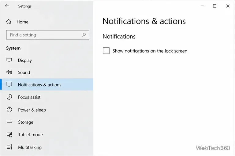 إعدادات الإشعارات والإجراءات في نظام التشغيل Windows 10 مع إلغاء تحديد خيار "إظهار الإشعارات على شاشة القفل".