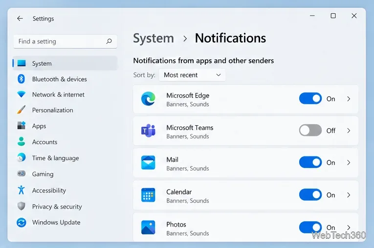 Lista de notificações de aplicativos do Windows 11 com o Microsoft Teams desativado e outros aplicativos ativados.