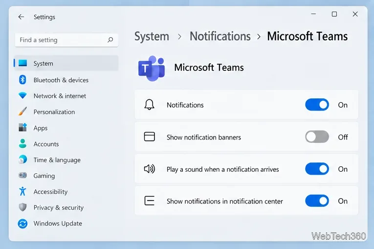 Configurações de notificação do Microsoft Teams no Windows 11 com banners desativados, mas notificações e Central de Notificações ativadas.