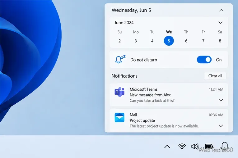 Central de Notificações do Windows 11 com a opção "Não perturbe" ativada acima da lista de notificações.