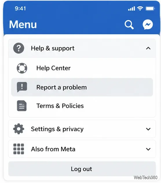 Facebookメニューにヘルプとサポートが展開され、「問題の報告」が強調表示された。