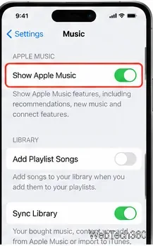 音楽設定画面で、「Apple Musicを表示」スイッチがオンになっている状態を表示