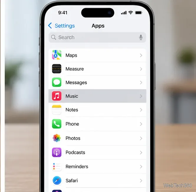 iPhoneのアプリ設定リストで、ミュージックアプリの行がハイライト表示されている。