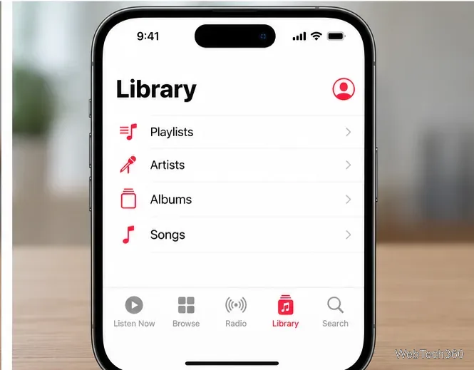 音楽アプリのライブラリ画面には、プレイリスト、アーティスト、アルバム、曲が表示されます。