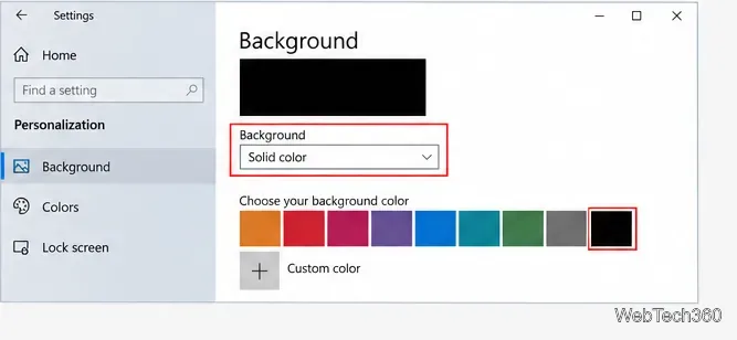 В настройках персонализации Windows 10 фон установлен на сплошной цвет.