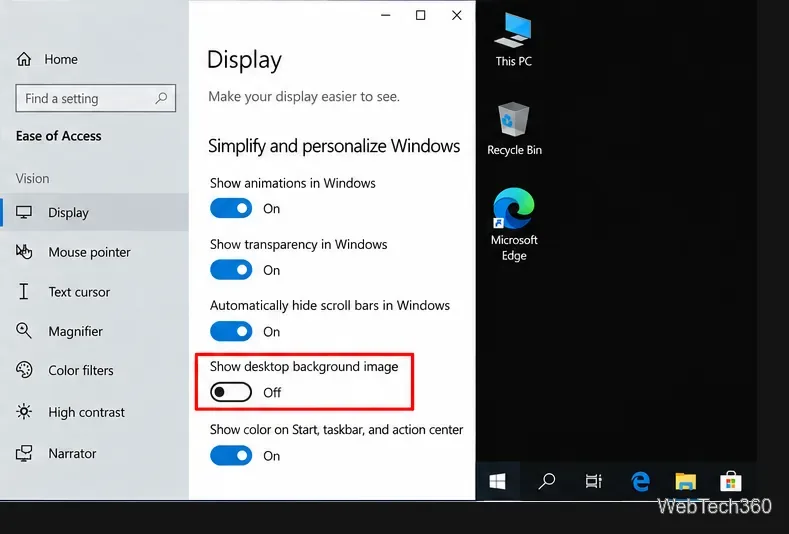 В настройках дисплея Windows 10 отключена опция «Показывать фоновое изображение рабочего стола», и отображается обычный рабочий стол.
