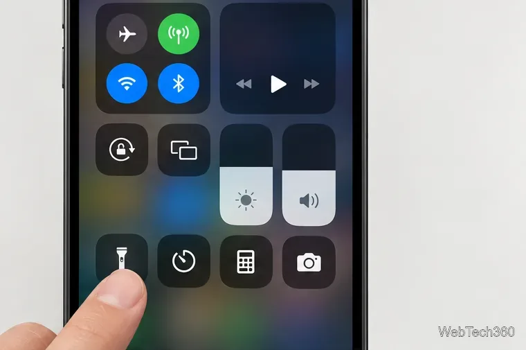 Плитка «Фонарик» в Центре управления iPhone, при нажатии на нее пальцем.