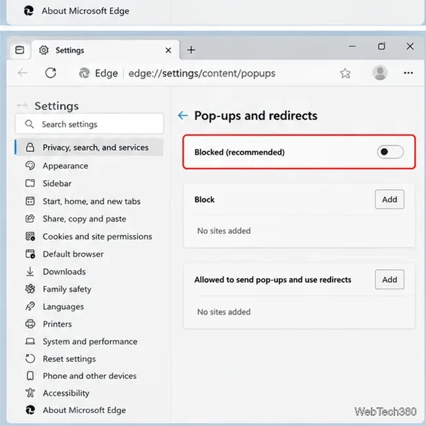 Fenêtres contextuelles et redirections Edge lorsque le blocage est désactivé