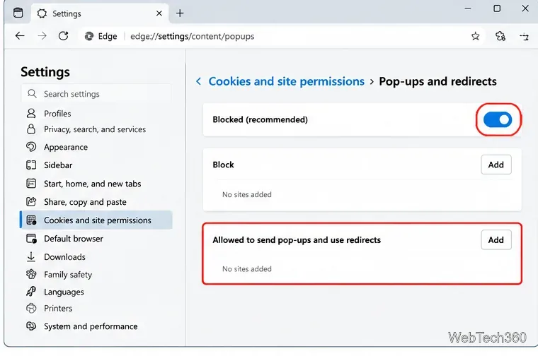 Paramètres contextuels d'Edge affichant la section des sites Web autorisés et le bouton Ajouter