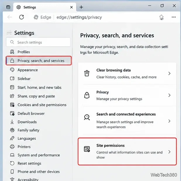 Page des paramètres Edge avec Confidentialité, recherche et services sélectionnés