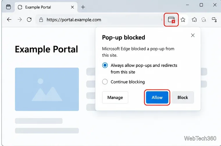 Edge affiche un message bloquant les fenêtres contextuelles, avec la possibilité d'autoriser les fenêtres contextuelles pour le site actuel.