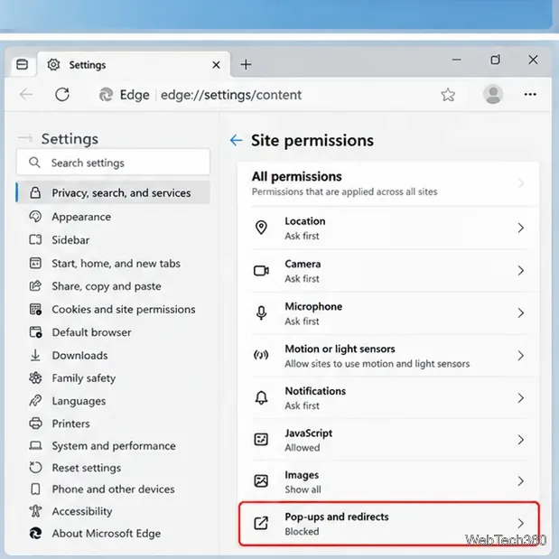 Liste des autorisations du site Edge avec les fenêtres contextuelles et les redirections mises en évidence
