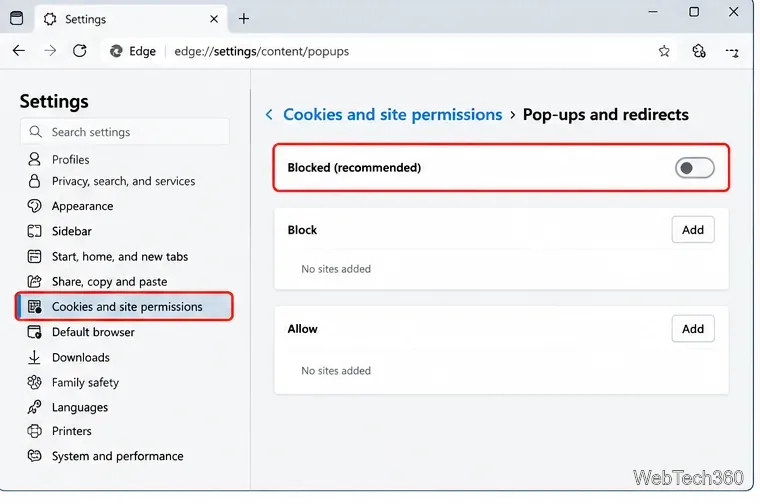 Paramètres contextuels d'Edge affichant l'option « Bloquer les sites recommandés » et les listes de sites.
