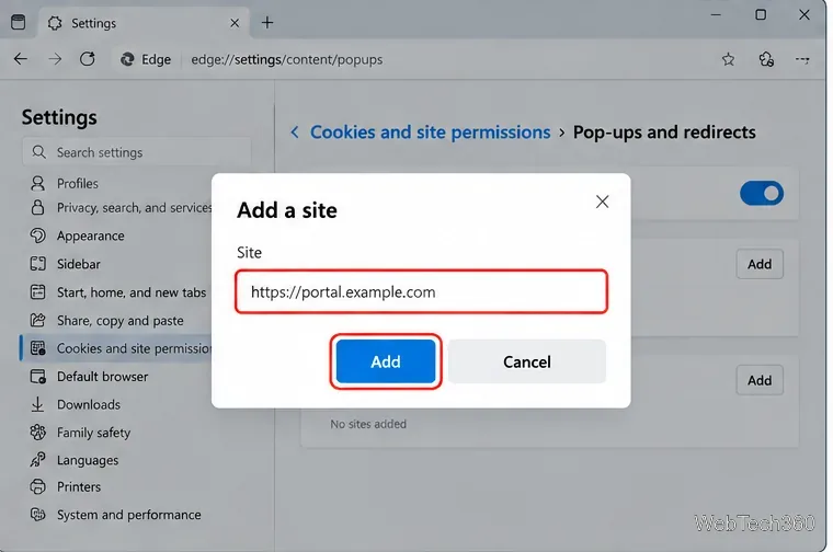 Ajouter une boîte de dialogue de site dans Edge avec un exemple de site web HTTPS saisi
